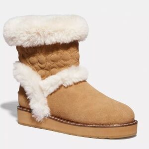 COACH IZZIE Boots Size 9 Signature Midcalf Suede Faux Fur FG4597